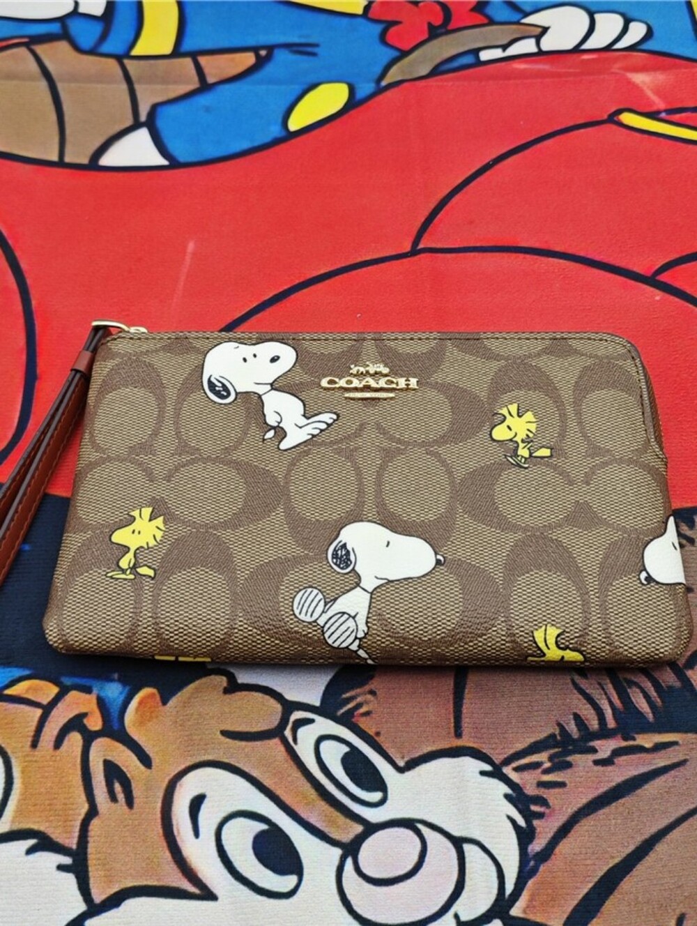 Coach Brown Signature Wristlet with Snoopy & Woodstock